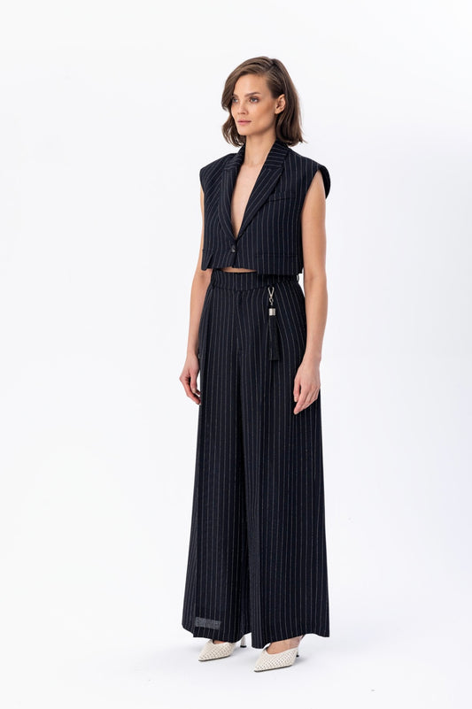 Wide Leg Pinstripe Black Set