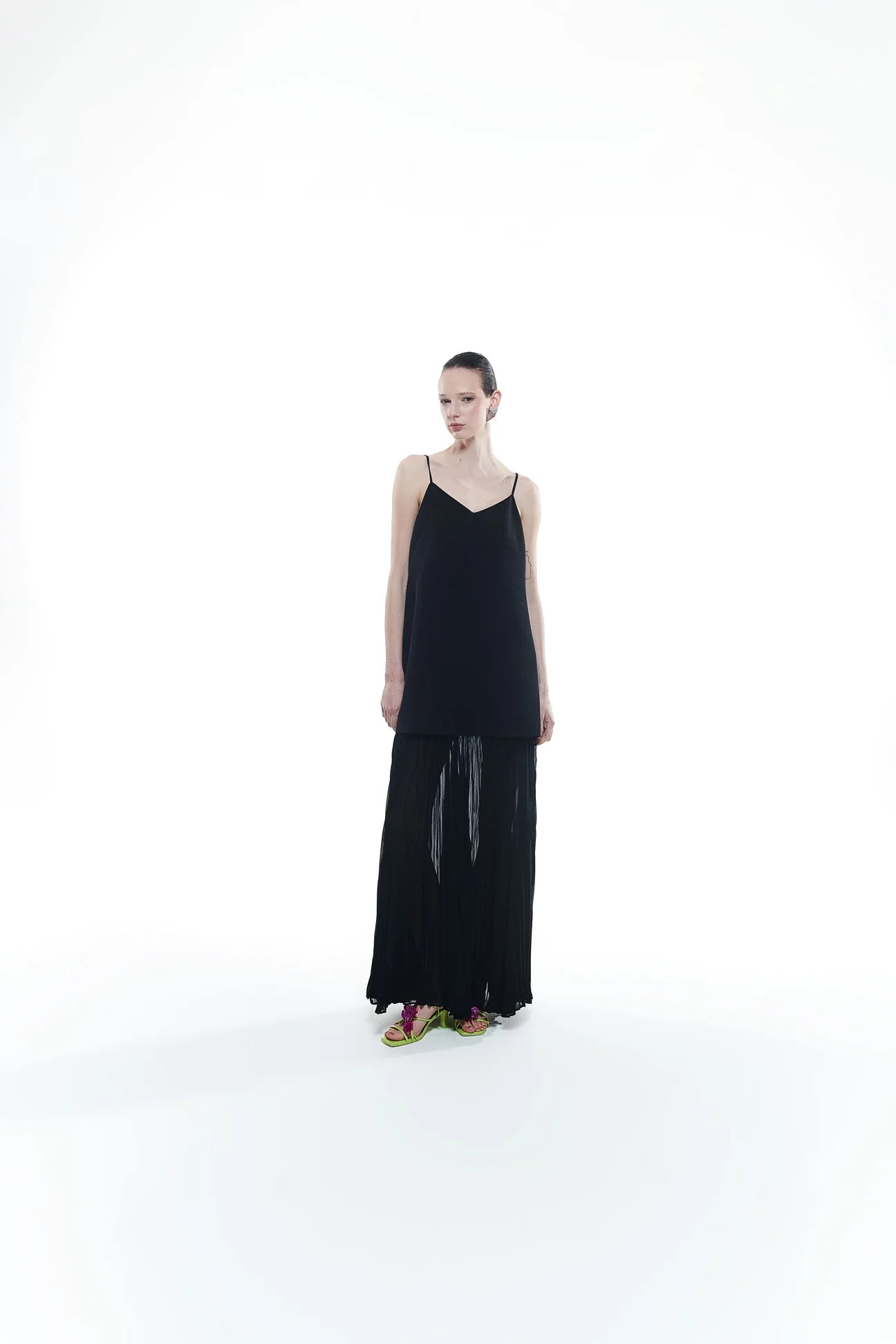 Long Strappy Dress with Tulle Hem Detail