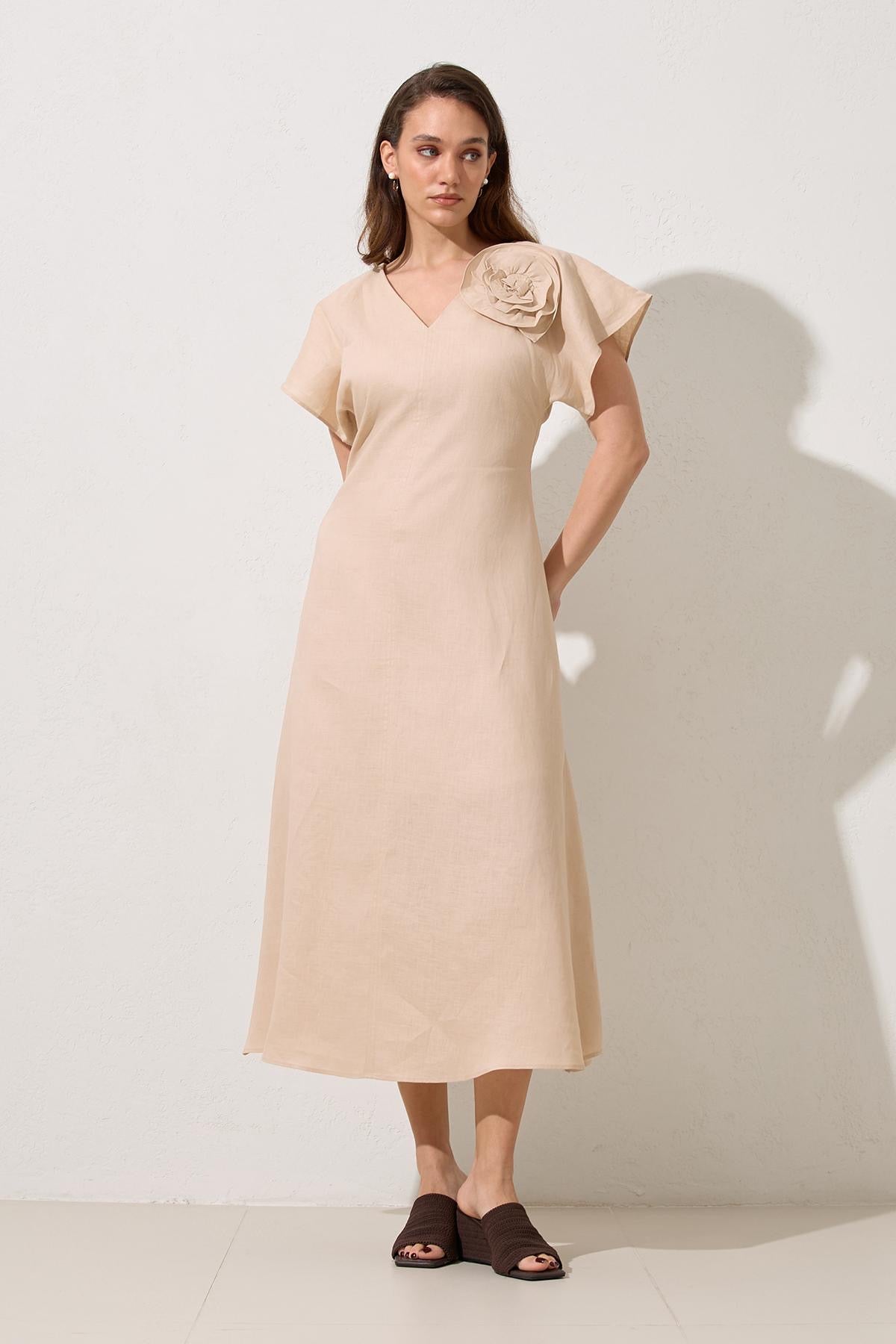 Beige Linen Midi Dress with 3D Floral Detail