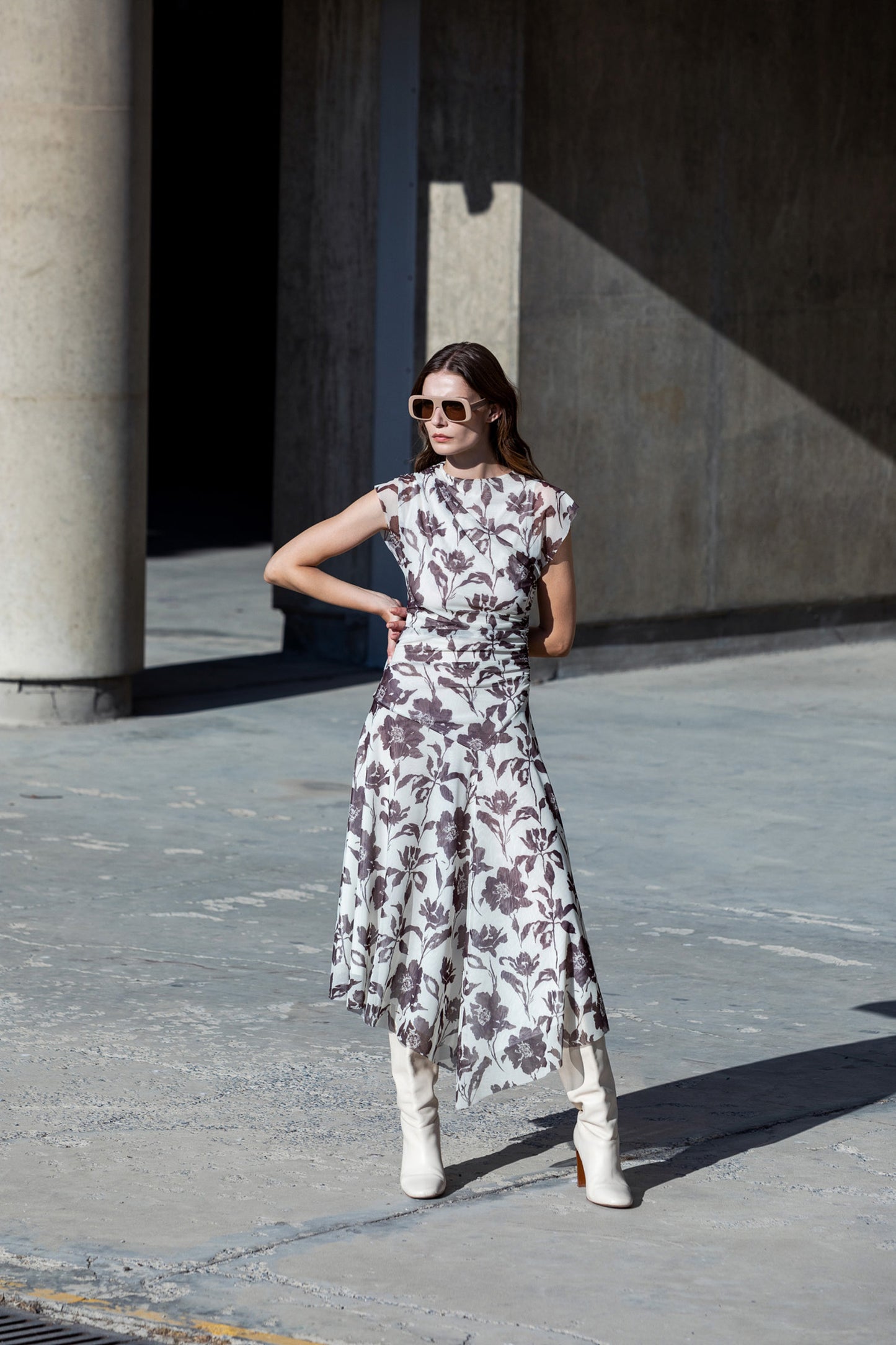 Asymetrical Printed Tulle Dress Brown