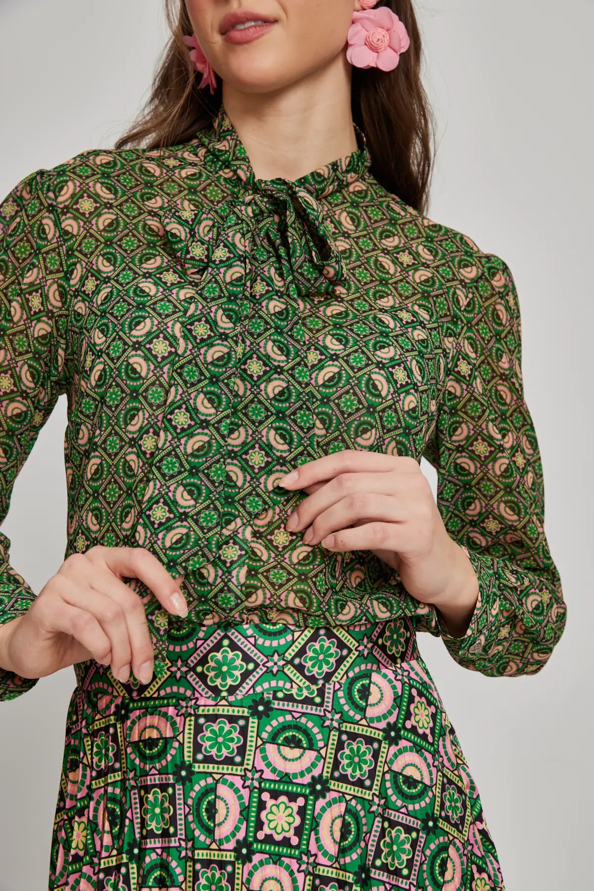 Patterned Chiffon Scarfed Blouse