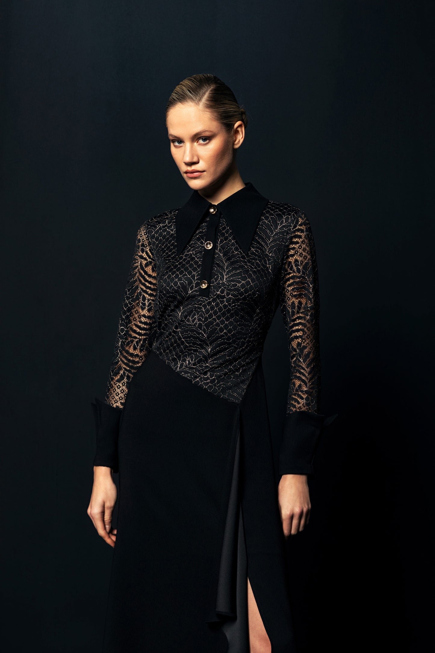 Noir Lace Elegance Midi Dress