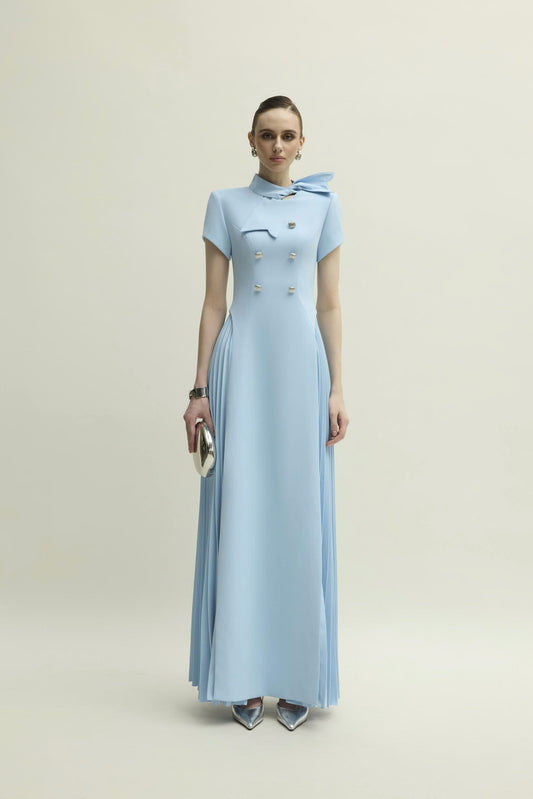 Sky Elegance Pleated Maxi Dress