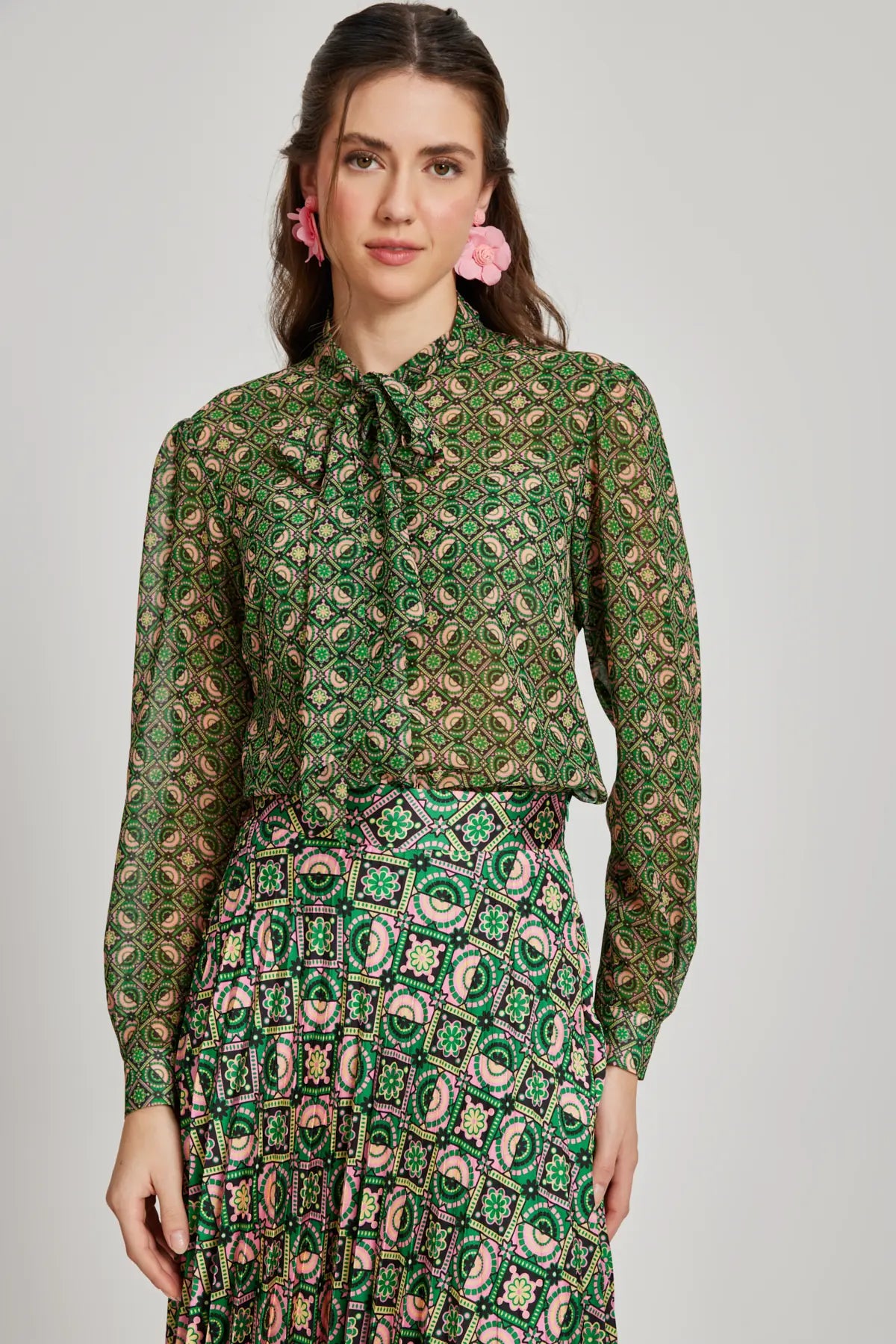 Patterned Chiffon Scarfed Blouse
