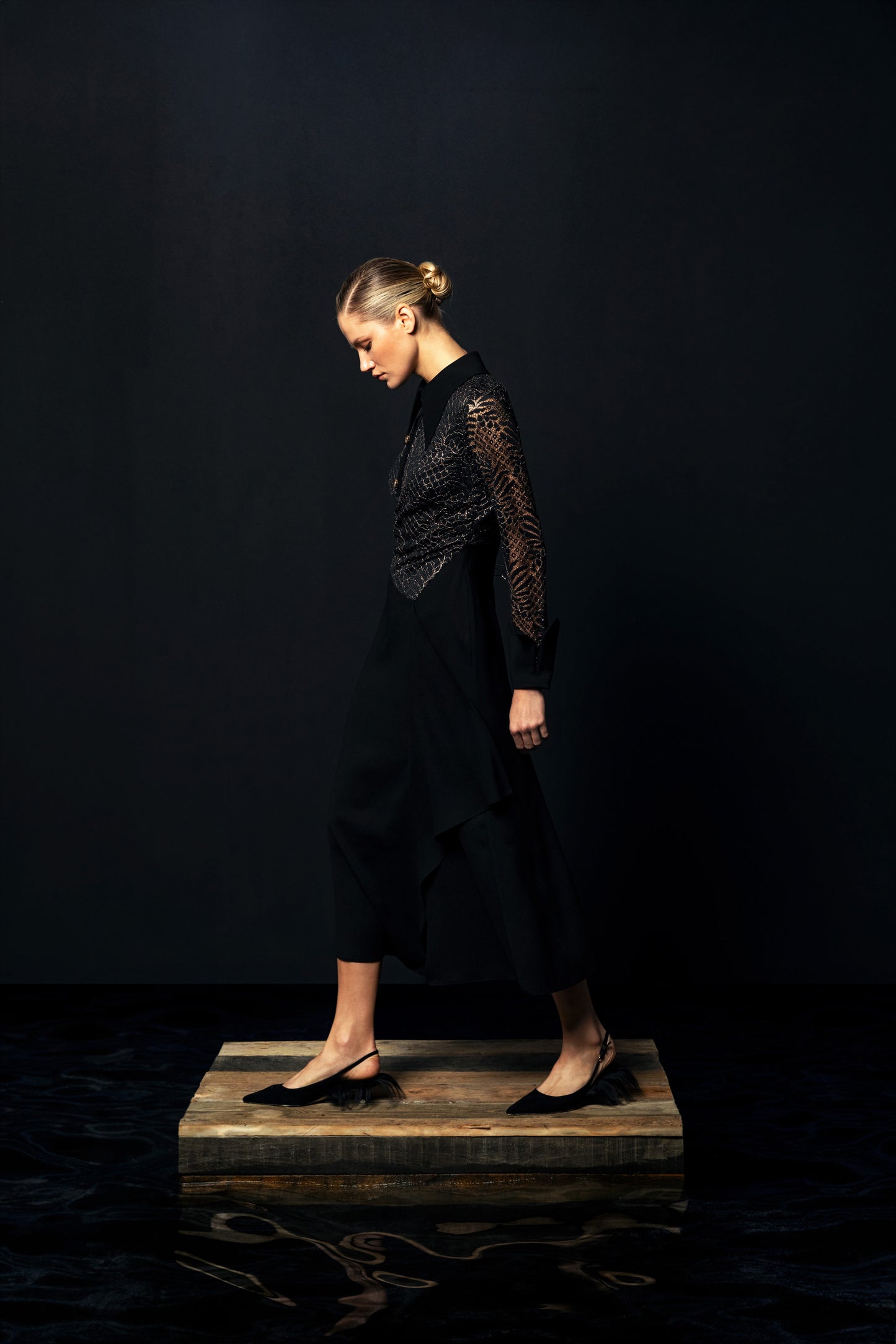 Noir Lace Elegance Midi Dress