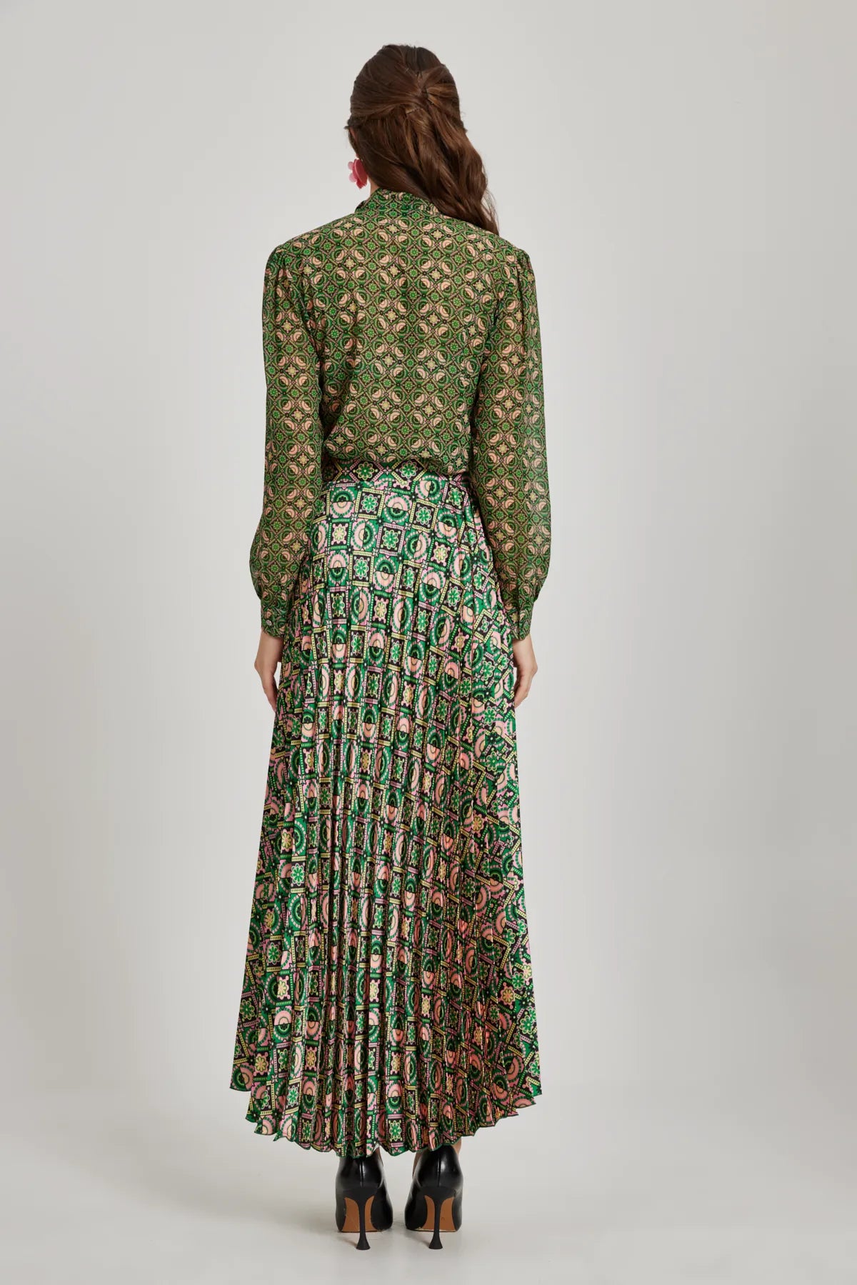 Patterned Chiffon Scarfed Blouse