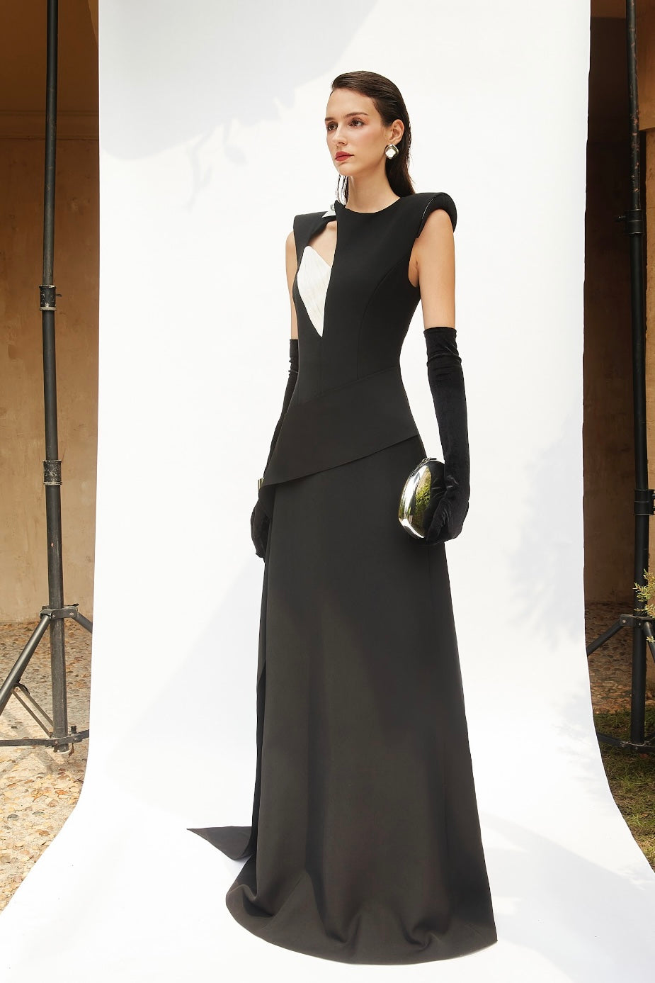 Architectural Black Gown with Metallic Accent