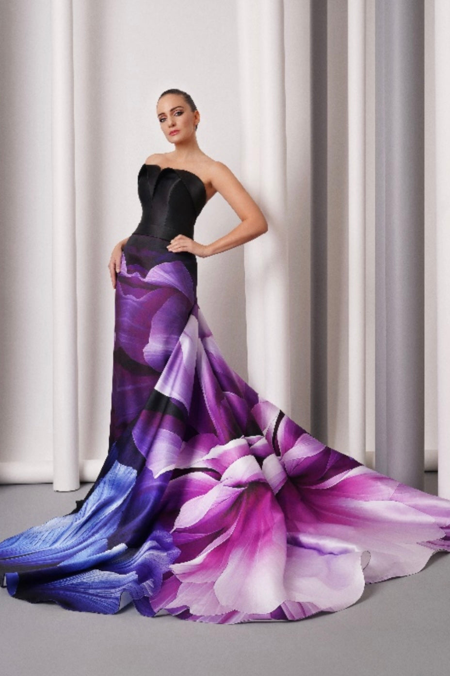 Floral Print Strapless Gown