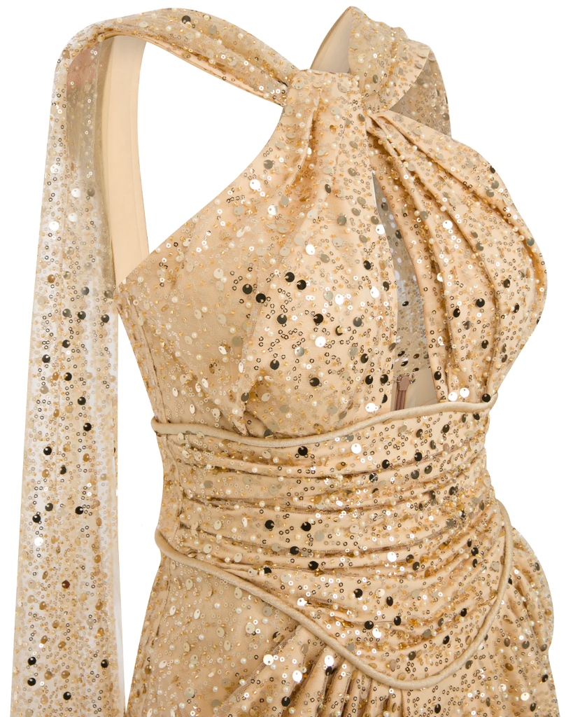 EMBELLISHED GRECIAN NECK CUT GOWN WITH TWO TAILS INCANTO FASHION EMBELLISHED GRECIAN NECK CUT GOWN WITH TWO TAILS INCANTO FASHION