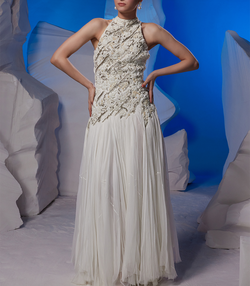 TEXTURED IVORY JACKET FEATURING MOCKNECK EMBROIDERED DRESS