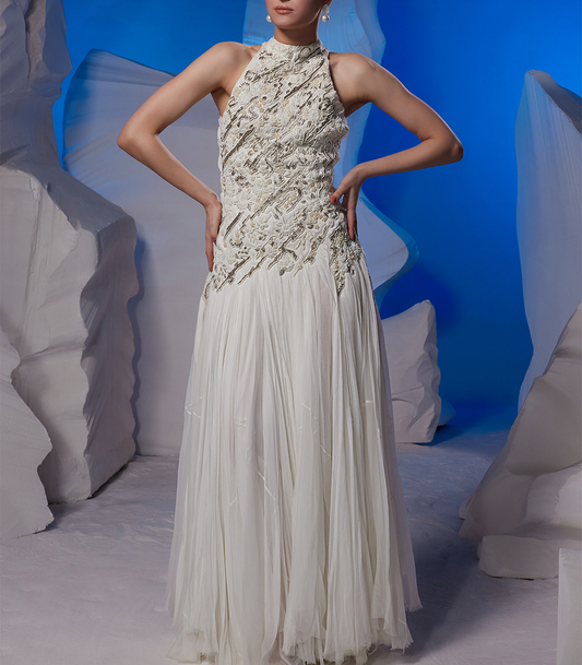 TEXTURED IVORY JACKET FEATURING MOCKNECK EMBROIDERED DRESS