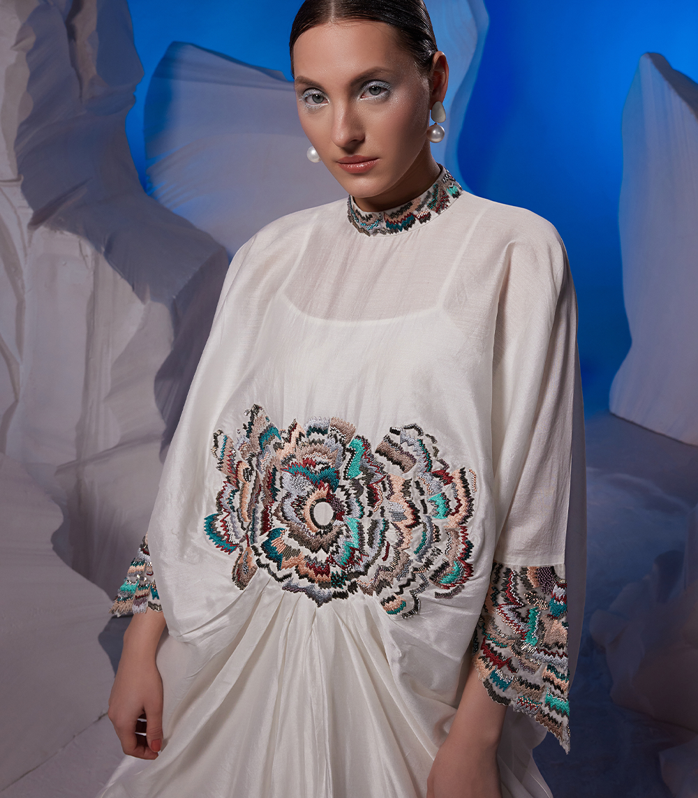 Cowl Dress Adorned With Vibrant Embroidery