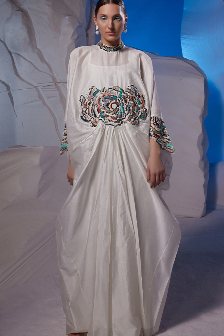 Cowl Dress Adorned With Vibrant Embroidery