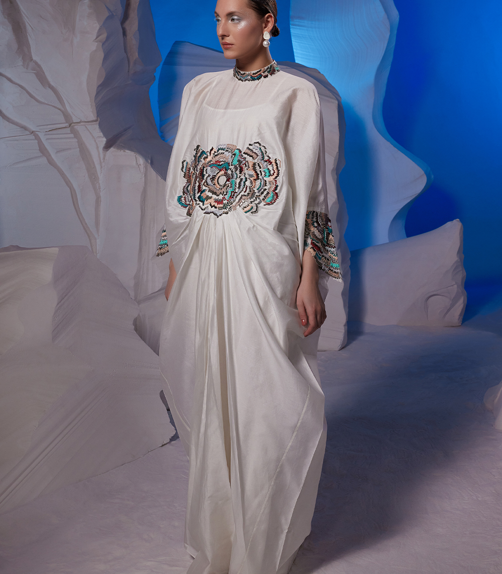 Cowl Dress Adorned With Vibrant Embroidery