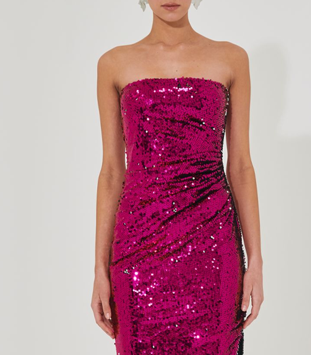 MAGENTA SEQUIN PLEATED STRAPLESS DRESS INCANTO FASHION MAGENTA SEQUIN PLEATED STRAPLESS DRESS INCANTO FASHION